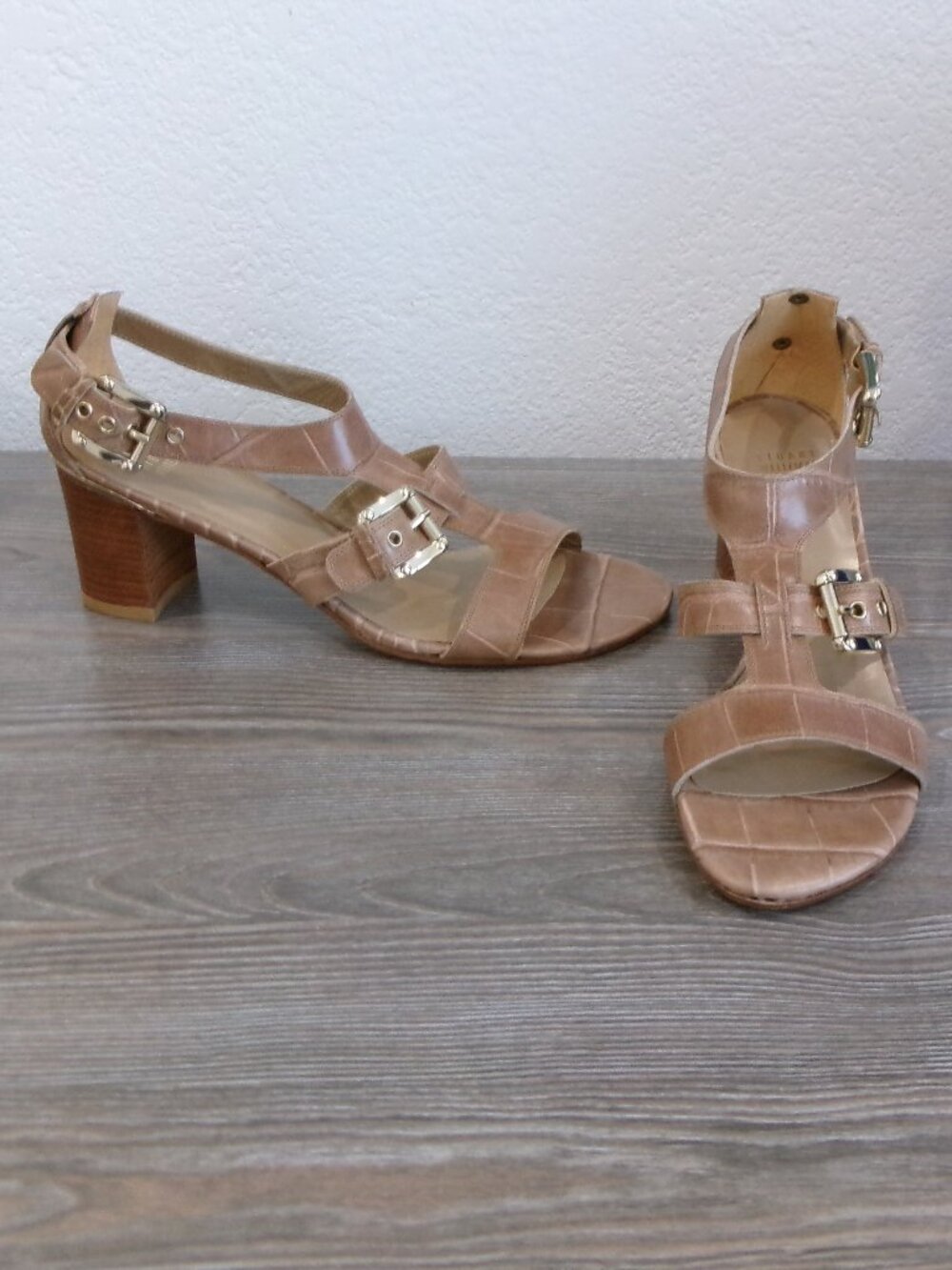 New Stuart Weitzman Leather Croc Mid-Heel Block Closed Heel Sandals Brown 10